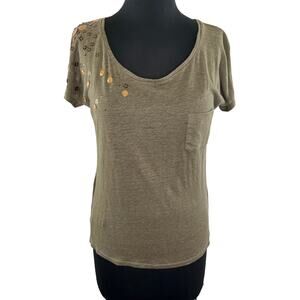NEW Comptoir Des Contonniers Green Short Sleeve Embellished Linen Top Size S